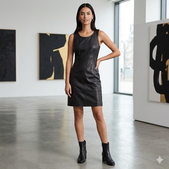 Halogen Dresses & Skirts - Halogen Leather Front Shift Dress Womens 8P Black Excellent Mixed Media Zip Back